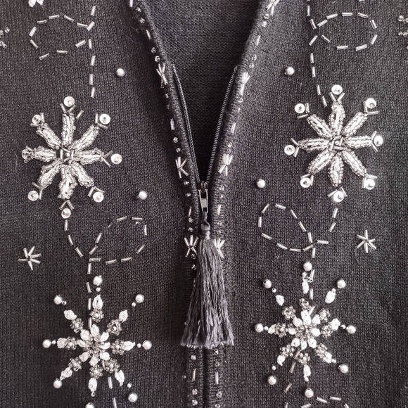 REBECCA MALONE Size 2X Ramie Cotton Black/Silver Embroidered Zip Christmas Vest - Picture 3 of 10